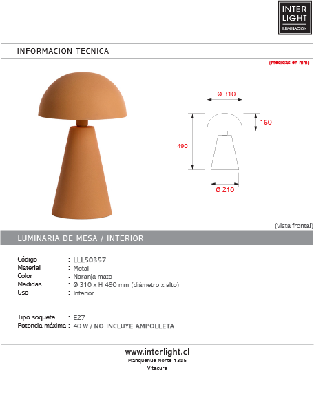 Lámpara de mesa metal  naranja mate Ø31x49 cm  E27 - LLLS0357