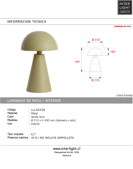 Lámpara de mesa metal verde oliva mate Ø31x49 cm - LLLS0358