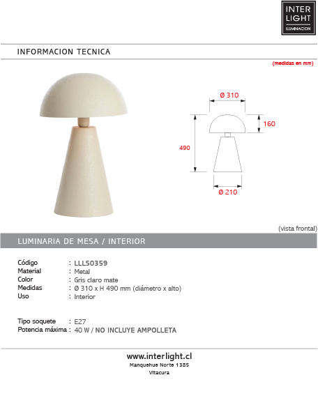 Lámpara de mesa Ø31x49 cm SURRINA gris claro mate - LLLS0359