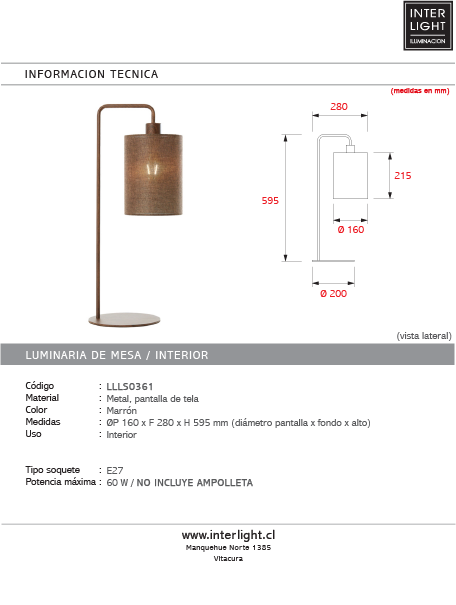 Lámpara de mesa metal textil marrón oscuro 16x28x59,5 cm E27 - LLLS0361