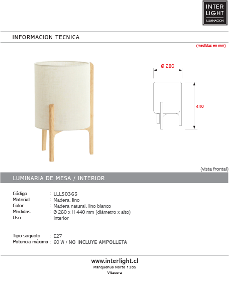 Lámpara de mesa madera natural lino blanco Ø28x44 cm - LLLS0365