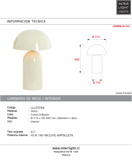 Lámpara de mesa Ø31x48 cm crema brillante - LLLS0366