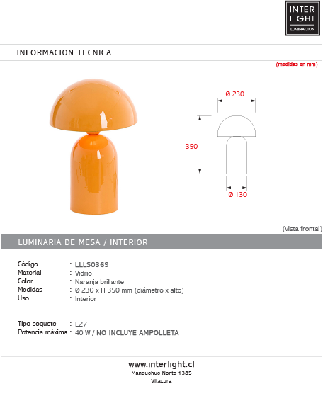 Lámpara de mesa vidrio naranja brillante Ø23x35 cm  E27 - LLLS0369