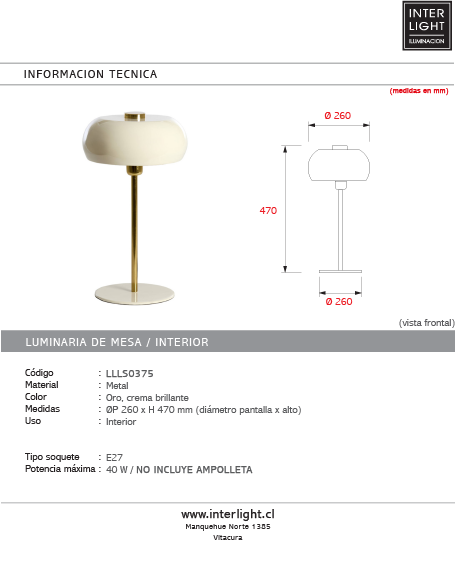 Lámpara de mesa metal oro crema brillante  Ø26x47 cm  E27 - LLLS0375