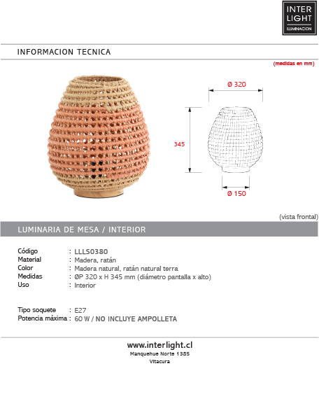 Lámpara de mesa madera natural ratán natural terra Ø32x34,5 cm E27  - LLLS0380