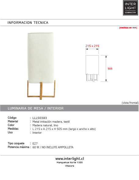 Lámpara de mesa imitacion madera natural lino crema 21,5x21,5x50,5 cm E27  - LLLS0383