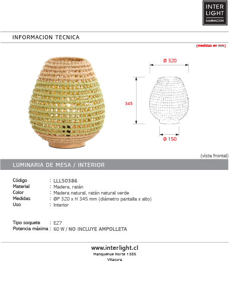 Lámpara de mesa madera natural ratán natural verde Ø32x34,5 cm E27 - LLLS0386