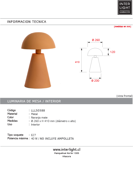 Lámpara de mesa metal naranja mate Ø26x41 cm  E27 - LLLS0388