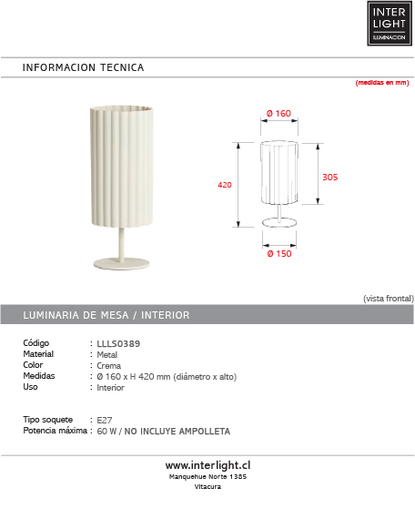 Lámpara de mesa Ø16x42 cm crema - LLLS0389