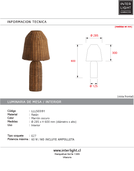Lámpara de mesa ratán marrón oscuro Ø28,5x60 cm E27 - LLLS0391