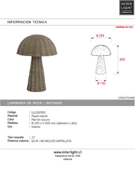 Lámpara de mesa papel mache marrón oscuro Ø28,5x60 cm E27 -  LLLS0392
