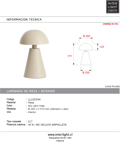 Lámpara de mesa Ø26x41 cm gris claro mate E27 - LLLS0394