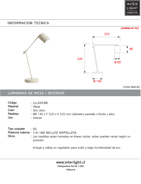 Lámpara de mesa metal gris claro Ø14X32 cm G9 - LLLS0398