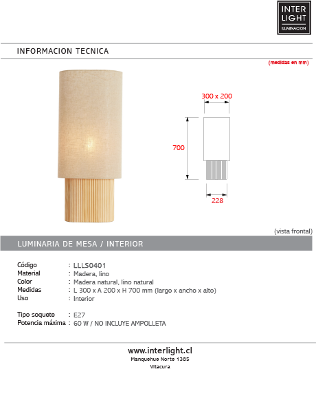 Lámpara de mesa madera  lino natural 30x20x70 cm E27 - LLLS0401