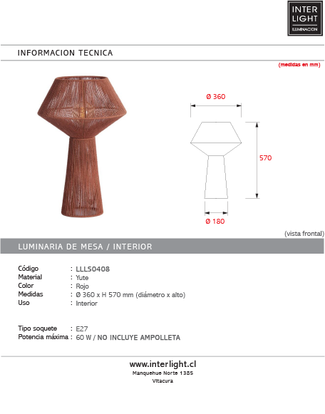 Lámpara de mesa yute rojo  Ø36x57 E27 - LLLS0408