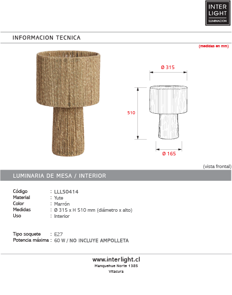Lámpara de mesa yute marrón Ø31,5x51 cm E27 - LLLS0414