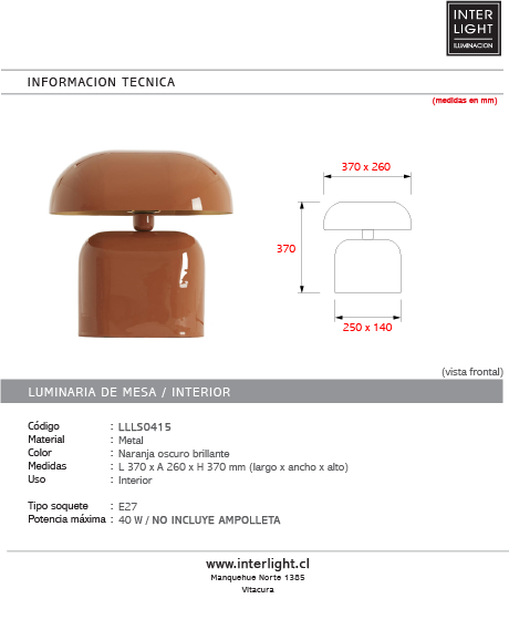 Lámpara de mesa metal naranja oscuro brillante 37x26x37 cm E27- LLLS0415