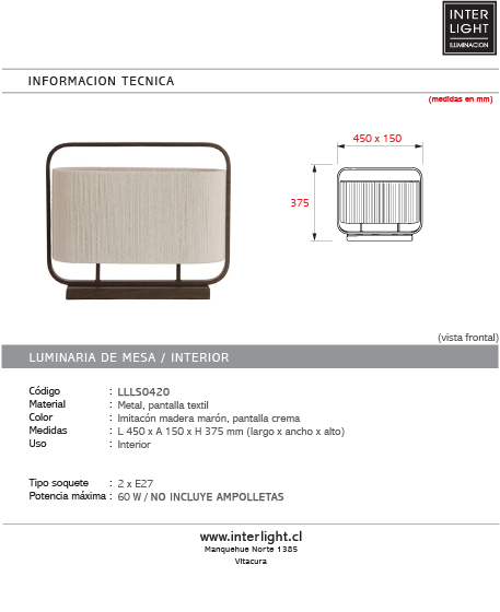 Lámpara de mesa metal marrón textil crema 45x15x37,5 cm 2 luces E27 - LLLS0420