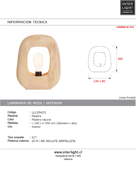 Lámpara de mesa 24x8x30 cm madera natural mate - LLLS0423