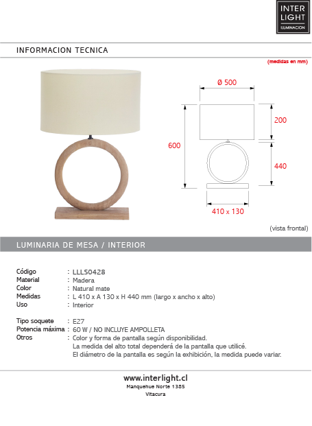 Lámpara de mesa madera natural  mate 41x13x44 cm E27 -  LLLS0428