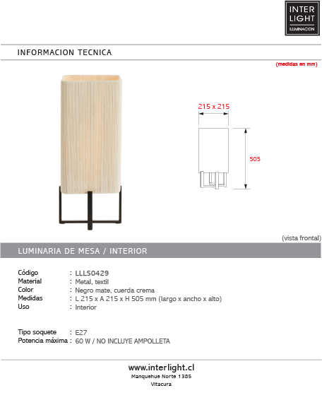 Lámpara de mesa metal negro mate cuerda crema 21,5x21,5x50,5 cm E27 - LLLS0429