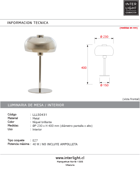 Lámpara de mesa metal níquel brillante Ø23x40 cm  E27 - LLLS0431
