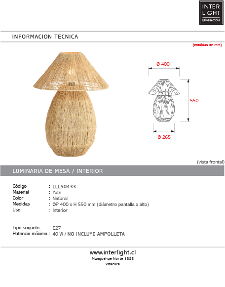 Lámpara de mesa yute natural Ø40x55 cm E27 - LLLS0433
