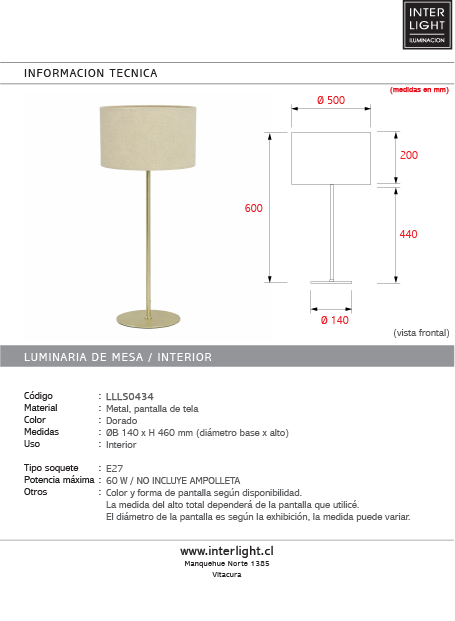 Lámpara de sobremesa metal dorado Ø14x46 cm E27  - LLLS0434