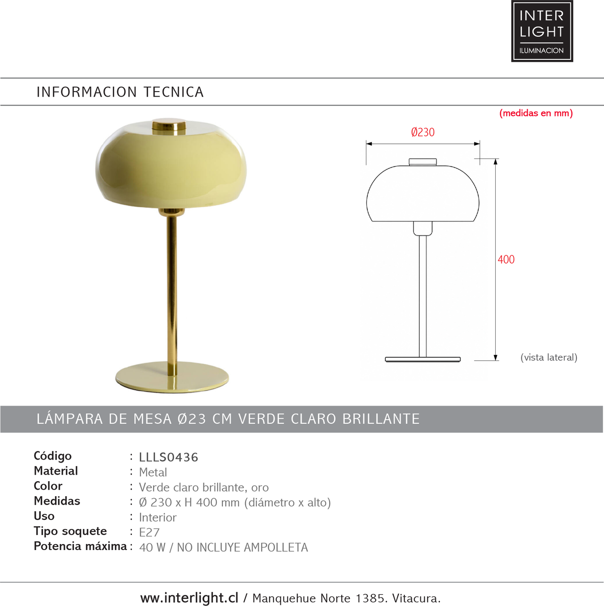 Lámpara de mesa metal verde claro brillante oro Ø23xH40cm  - LLLS0436