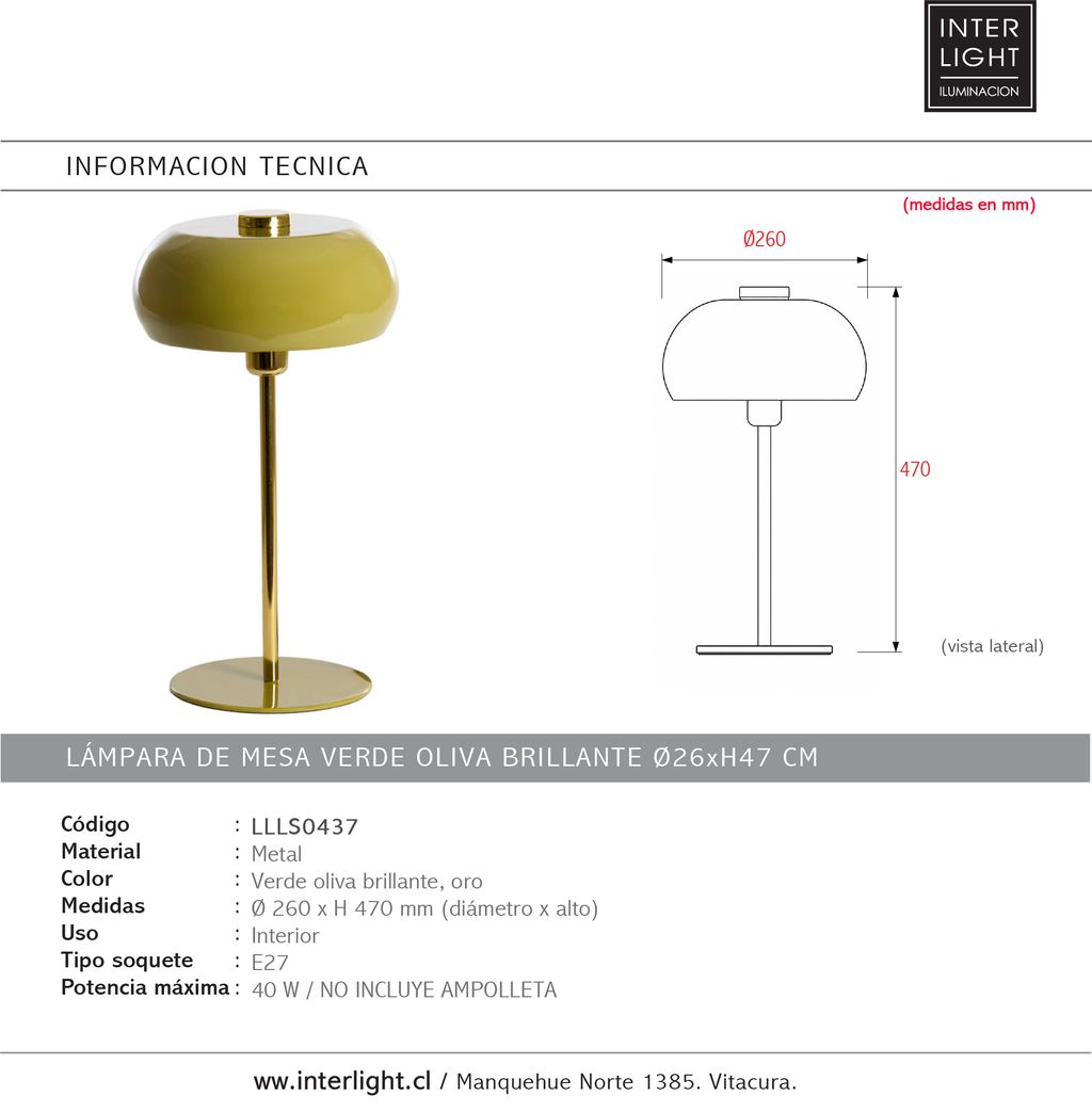Lámpara de mesa metal verde oliva brillante oro Ø26x47 E27 - LLLS0437