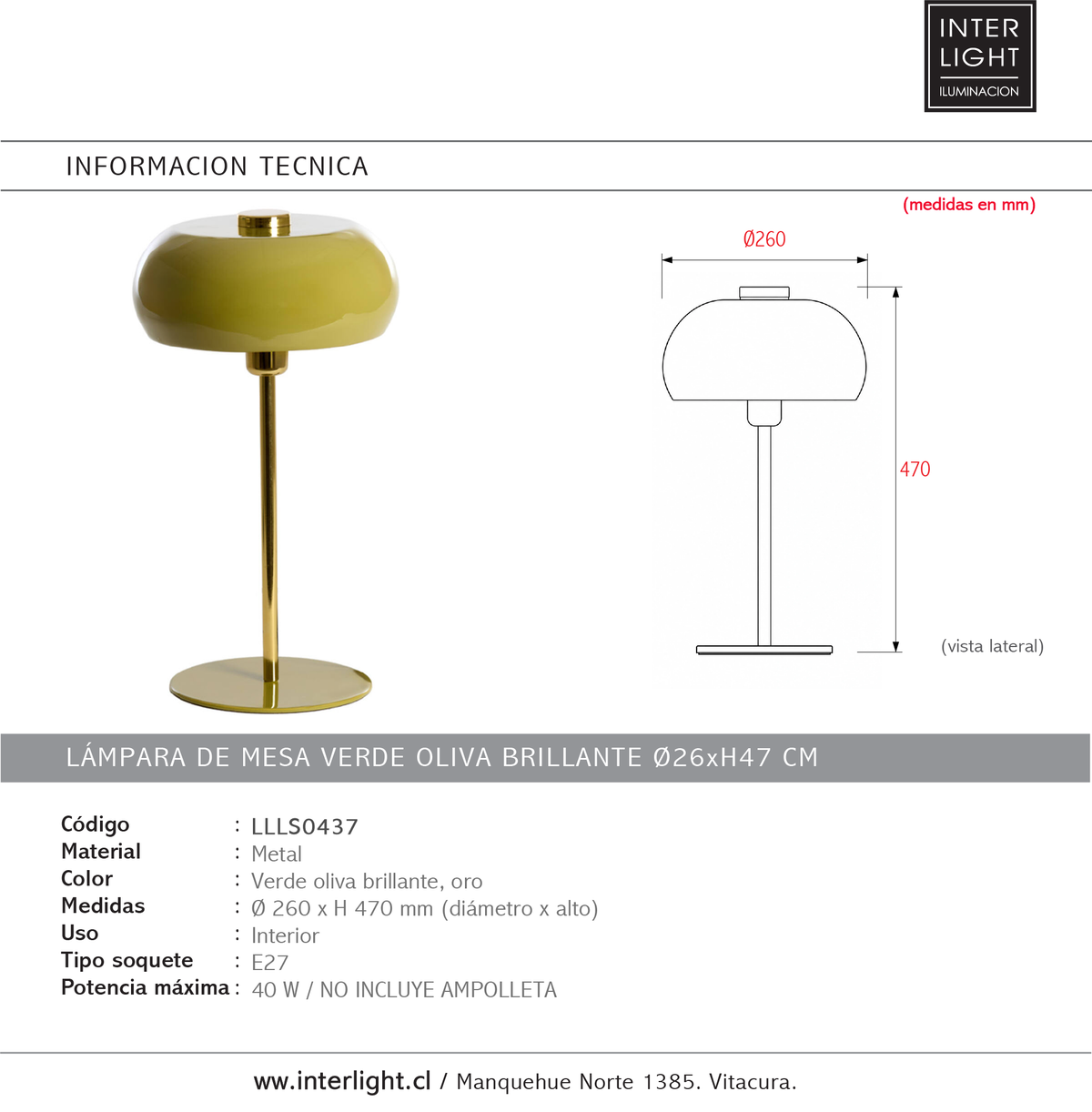 Lámpara de mesa metal verde oliva brillante oro Ø26x47 E27 - LLLS0437