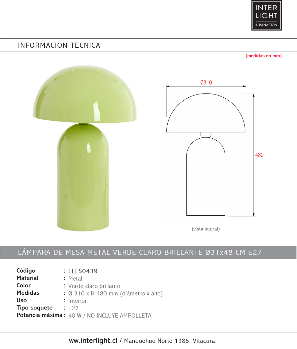 Lámpara de mesa metal verde claro brillante Ø31x48 cm E27 - LLLS0439