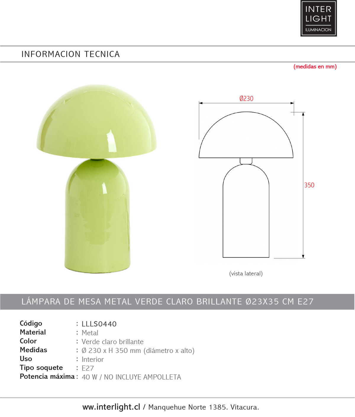 Lámpara de mesa metal verde claro brillante Ø23x35 cm E27 - LLLS0440