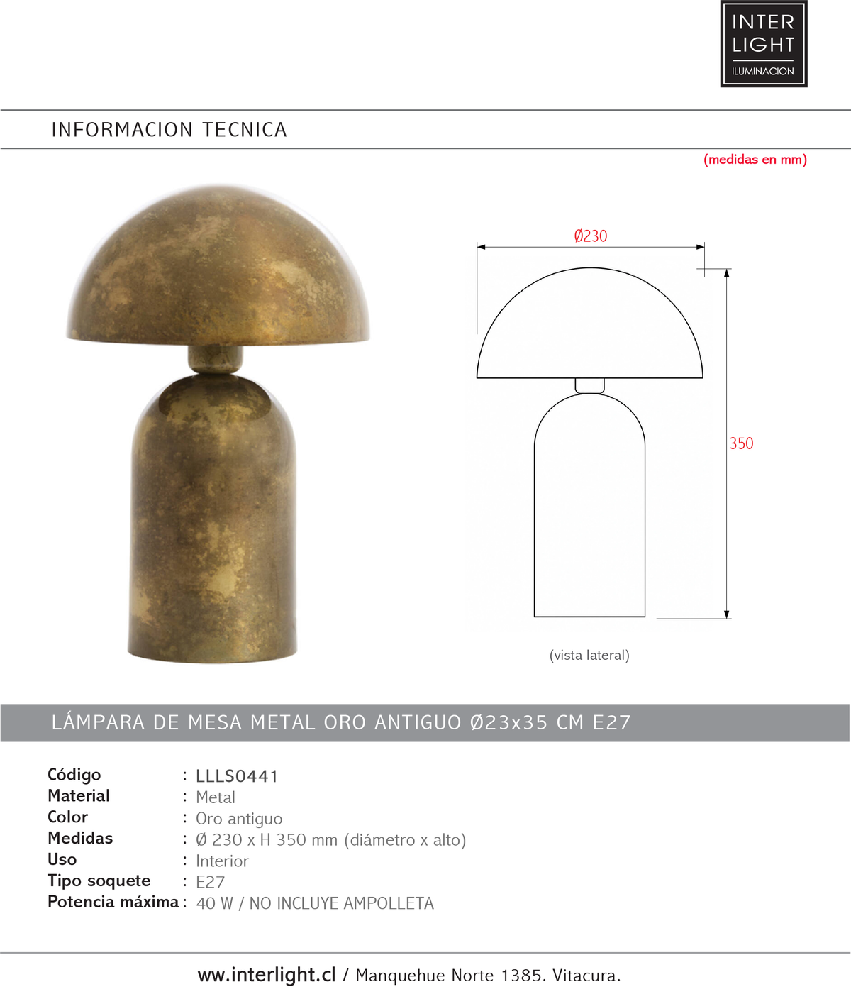 Lámpara de mesa metal oro antiguo Ø23x35 cm E27  - LLLS0441