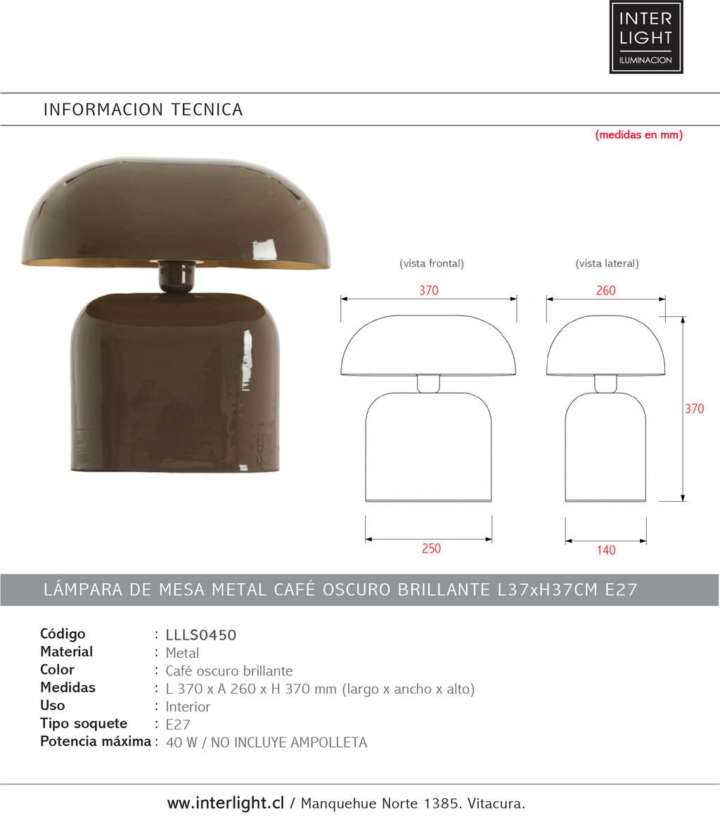 Lámpara de mesa metal café oscuro brillante L37xH37cm E27 - LLLS0450