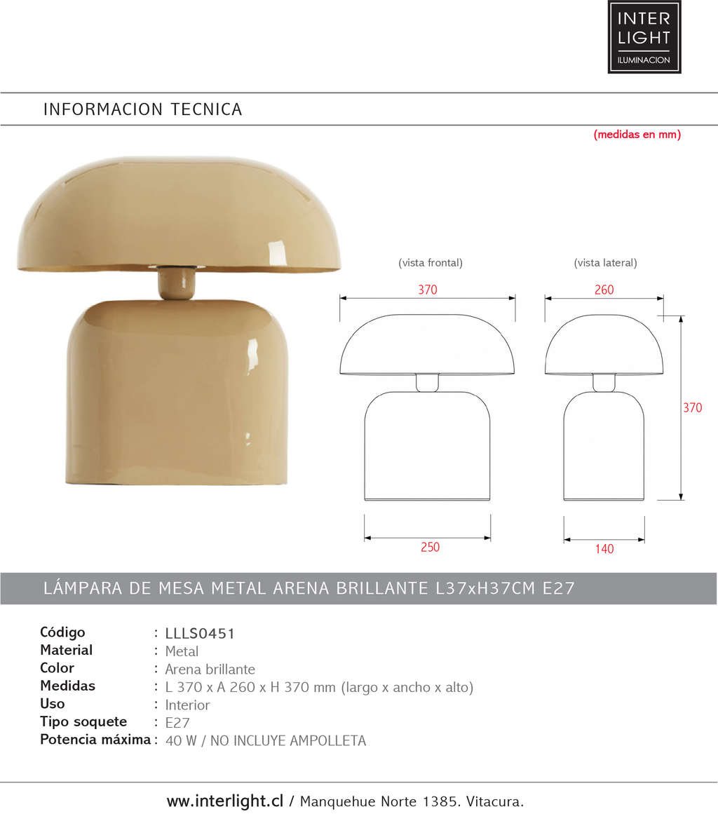 Lámpara de mesa metal arena brillante L37xH37cm E27 - LLLS0451