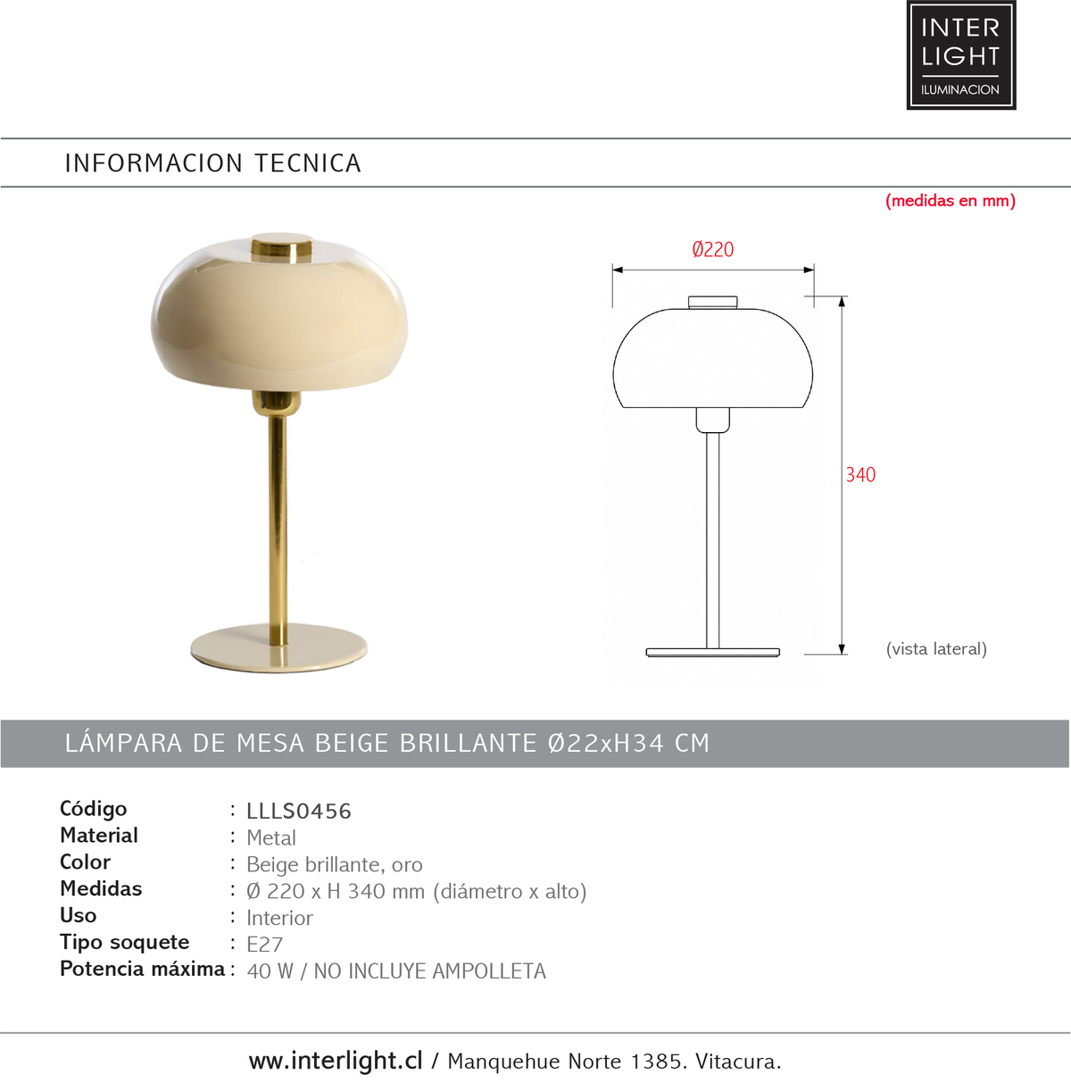 Lámpara de mesa beige brillante oro Ø22x34 cm E27 - LLLS0456