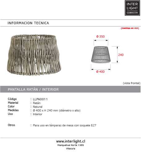 Pantalla ratán natural para lampara de mesa Ø40x24 cm - LLPA0017