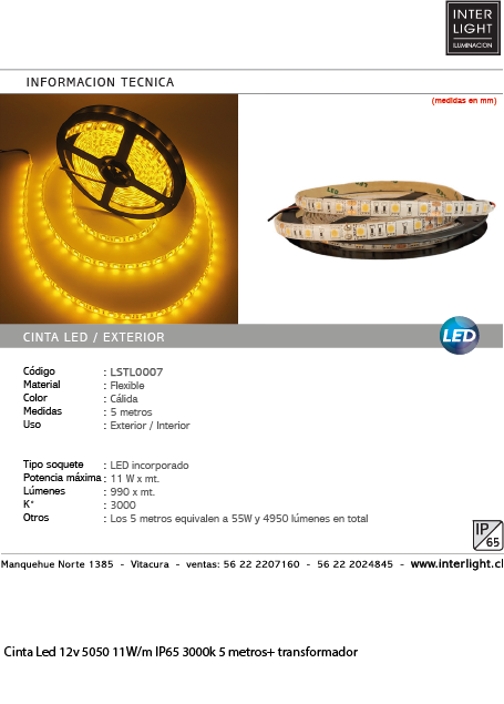 Cinta LED flexible luz cálida 11W x metro 3000K -LSTL0007