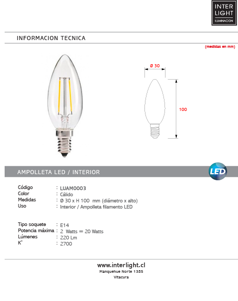 Ampolleta transparente filamento vela luz cálida 2w E14 - LUAM0003