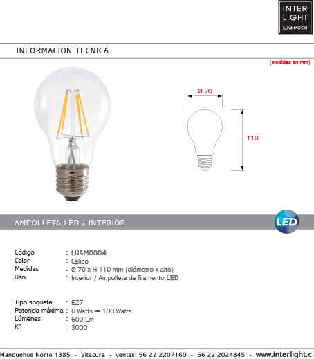 Ampolleta transparente luz cálida 6W 3000K LED E27 - LUAM0004