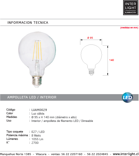 Ampolleta transparente dimeable luz cálida LED E27 - LUAM0029