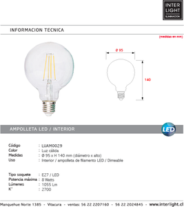 Ampolleta dimeable luz cálida LED E27 - LUAM0029
