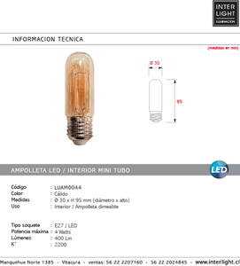 Ampolleta interior mini tubo dimeable luz cálida LED E27 - LUAM0044