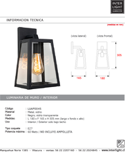 Cargar imagen en el visor de la galería, Aplique metal negro vidrio transparente 18x14,5x30,5 cm E27 - LUAP0045
