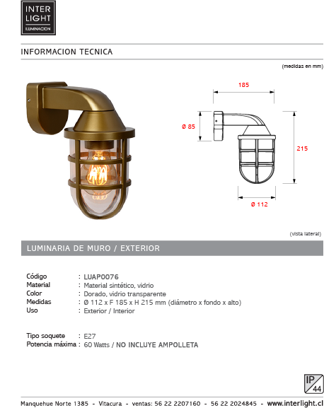 Apliqué metal vidrio dorado exterior IP 44 Ø 11,2x21,5 cm E27 - LUAP0076