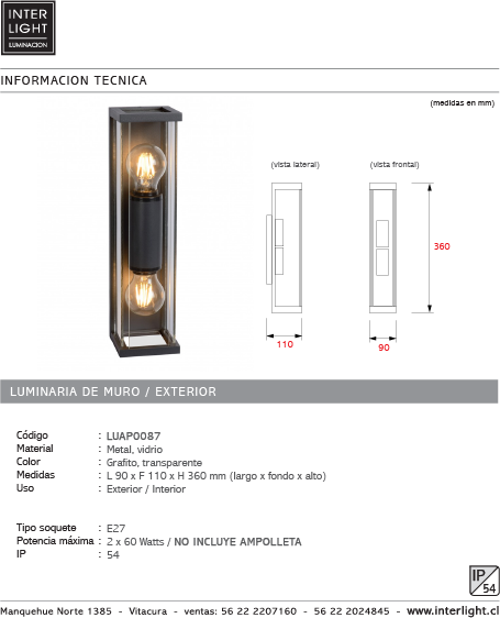 Apliqué metal vidrio grafito exterior IP 54 9x36 cm 2 luces E27 - LUAP0087