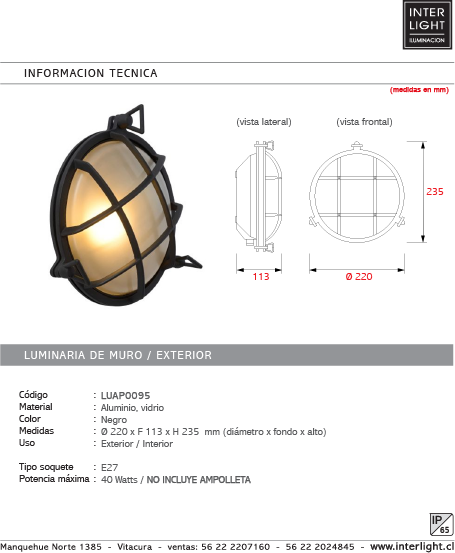 Apliqué Aluminio vidrio negro exterior IP 65 Ø 22x 23,5 cm E27 - LUAP0095