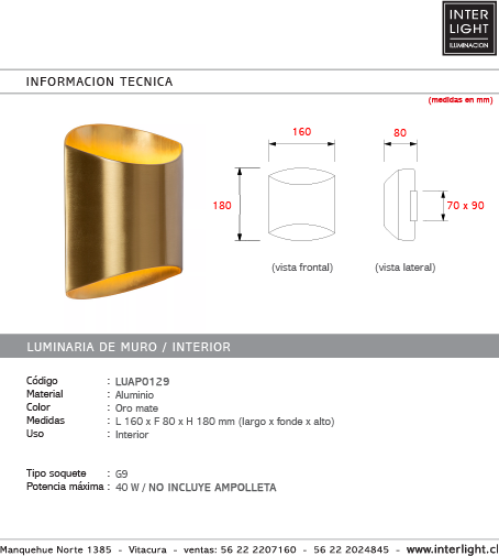 Apliqué aluminio oro mate 16x8x18 cm G9 - LUAP0129
