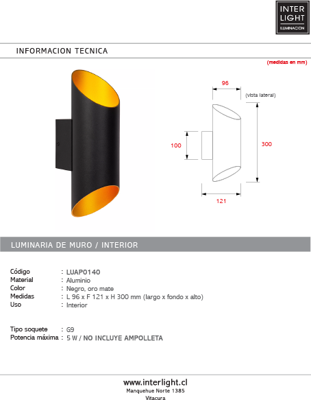 Apliqué aluminio negro oro mate 9,5x30 cm G9 - LUAP0140